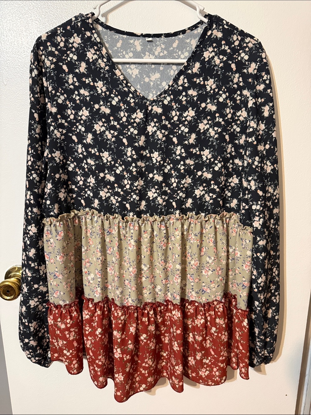 Floral Tiered V-Neck Blouse in Black, Olive & Rust